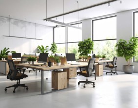 Modern coworking space with laptops, coffee cups, plants, and daylight showcasing minimal interior