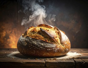 Fresh baked bread steaming on rustic wooden background, symbolizing artisanal baking, tradition,