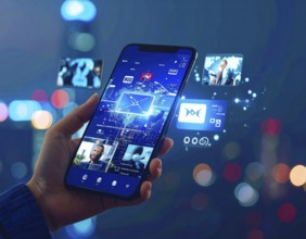 Futuristic AI chatbot hologram floating, symbolizing digital communication, smart assistance, and