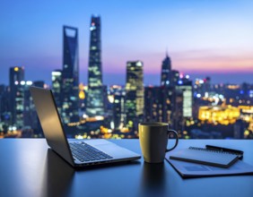 A laptop computer on an office desk, symbolizing modern workspace, remote work, digital technology,