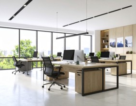 Modern coworking space with laptops, coffee cups, plants, and daylight showcasing minimal interior