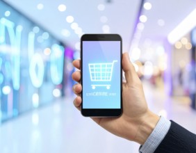 Hand holding smartphone glowing shopping cart icon poster symbolizing online shopping, e-commerce,