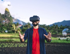 A VR headset user immersed in gaming and metaverse, representing digital entertainment,