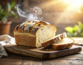 Fresh baked bread steaming on rustic wooden background, symbolizing artisanal baking, tradition,