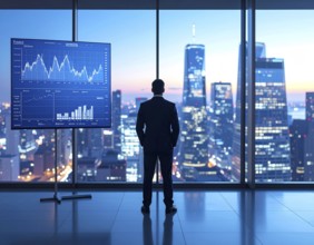 A businessman reviewing financial data on digital screen, representing investment planning,