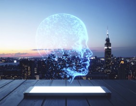 Futuristic AI chatbot hologram floating, symbolizing digital communication, smart assistance, and