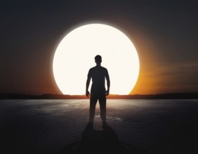 Man silhouette against giant glowing sun symbolizing inspiration, destiny, reflection, cosmic