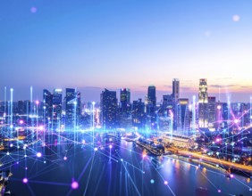A futuristic smart city skyline illuminated with neon lights, symbolizing technology, innovation,