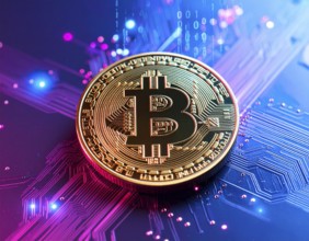 A futuristic Bitcoin glowing coin concept image, representing cryptocurrency finance, blockchain