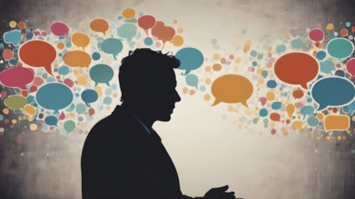 Thinking man silhouette with speech bubble concept, symbolizing dialogue, reflection, creative