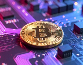 A futuristic Bitcoin glowing coin concept image, representing cryptocurrency finance, blockchain