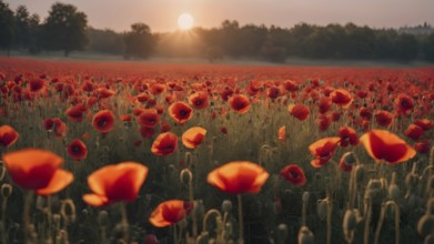 Poppy field wall art print featuring a blooming landscape, celebrating natural beauty, harmony, and