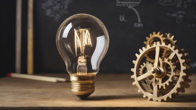 Light bulb with gears concept poster symbolizing creativity, invention, innovation, mechanical