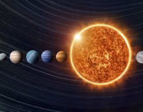 A solar system concept image displaying planets aligned in orbit, symbolizing astronomy, cosmic