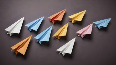 Colorful paper planes arranged in organized pattern, symbolizing creativity, playfulness,