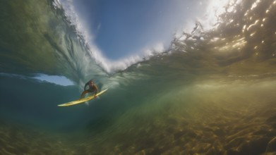 Surfer walking with a surf board in his hand. AI generated image, ai