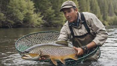 Fisherman on the river bank. Man fisherman catches a fish, AI generated