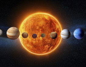 A solar system concept image displaying planets aligned in orbit, symbolizing astronomy, cosmic