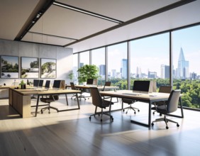 Modern coworking space with laptops, coffee cups, and plants in daylight, reflecting creativity,