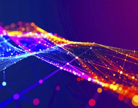 Abstract technology network wall art with glowing multi-color lines and nodes, futuristic digital