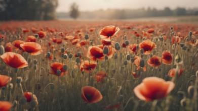 Poppy field wall art print featuring a blooming landscape, celebrating natural beauty, harmony, and
