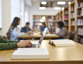 University students studying with open books and laptops, symbolizing education, collaborative