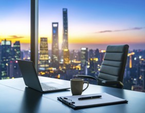 A laptop computer on an office desk, symbolizing modern workspace, remote work, digital technology,
