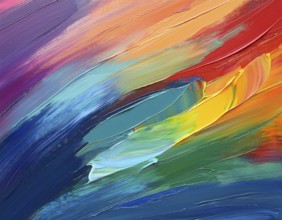 Vibrant rainbow brush strokes create abstract artistic background, blending vivid hues into modern
