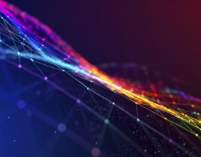 Abstract technology network wall art with glowing multi-color lines and nodes, futuristic digital