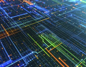 Abstract cyber grid wall art design with glowing digital lines, futuristic network visualization,