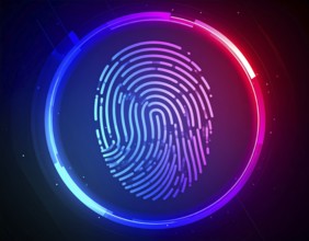 Glowing digital fingerprint wall art symbolizing cybersecurity, identity protection, and futuristic