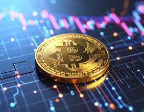 A futuristic Bitcoin glowing coin concept image, representing cryptocurrency finance, blockchain