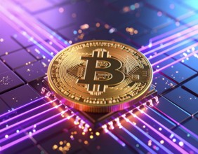 A futuristic Bitcoin glowing coin concept image, representing cryptocurrency finance, blockchain