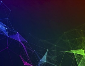 Abstract technology network wall art with glowing multi-color lines and nodes, futuristic digital