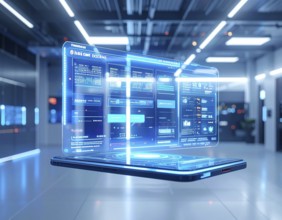 Futuristic AI chatbot hologram floating, symbolizing digital communication, smart assistance, and