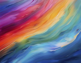 Vibrant rainbow brush strokes create abstract artistic background, blending vivid hues into modern