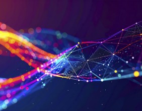 Abstract technology network wall art with glowing multi-color lines and nodes, futuristic digital
