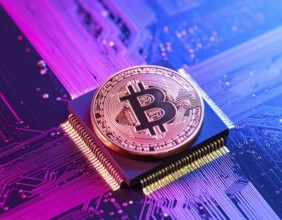 A futuristic Bitcoin glowing coin concept image, representing cryptocurrency finance, blockchain