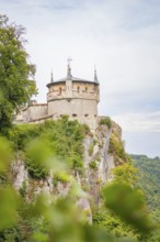 Fairytale castle with towers on a rock above lush vegetation, Lichtenstein Castle, Lichtenstein,