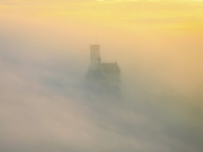 Castle shrouded in mist in the soft light of a sunrise, Lichtenstein Castle, Lichtenstein, Swabian