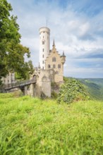 Medieval castle on a grassy cliff, surrounded by a picturesque landscape and dramatic sky,