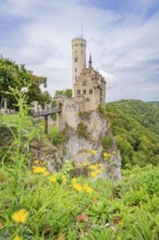 Romantic castle on a steep cliff with yellow flowers in the foreground and surrounded by green