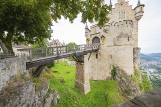 An impressive medieval castle on a rock with a wooden bridge over a green landscape, Lichtenstein