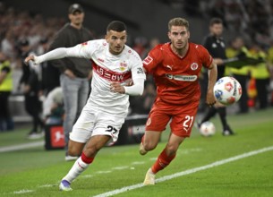 One-on-one, action Badredine Bouanani VfB Stuttgart (27) against Lars Ritzka FC St. Pauli (21)