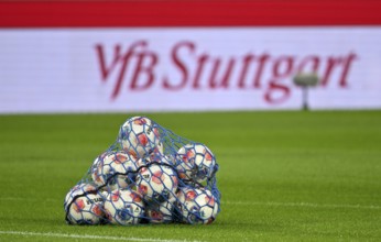 Adidas Derbystar match balls in ball net, perimeter advertising VfB Stuttgart, Bundesliga football,