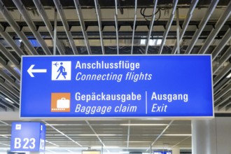 Sign at Frankfurt Airport with the inscription Connecting flights and baggage claim, Frankfurt,