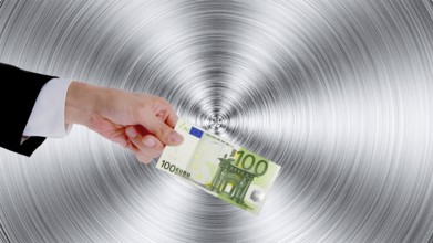 Symbolic image, hand reaches out 100-euro note, purchasing power, stable currency, currency war,