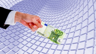 Symbolic image, hand extends 100-euro note, Wall Street and Dax upswing, President Trump's erratic