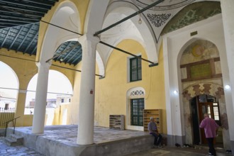 Historic mosque courtyard with vaulted arcades, Ibrahim Pasha Mosque, Old Town, Turkish Quarter,