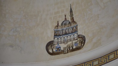 Historical fresco with mosque image on a domed wall, Ibrahim Pasha Mosque, Old Town, Turkish